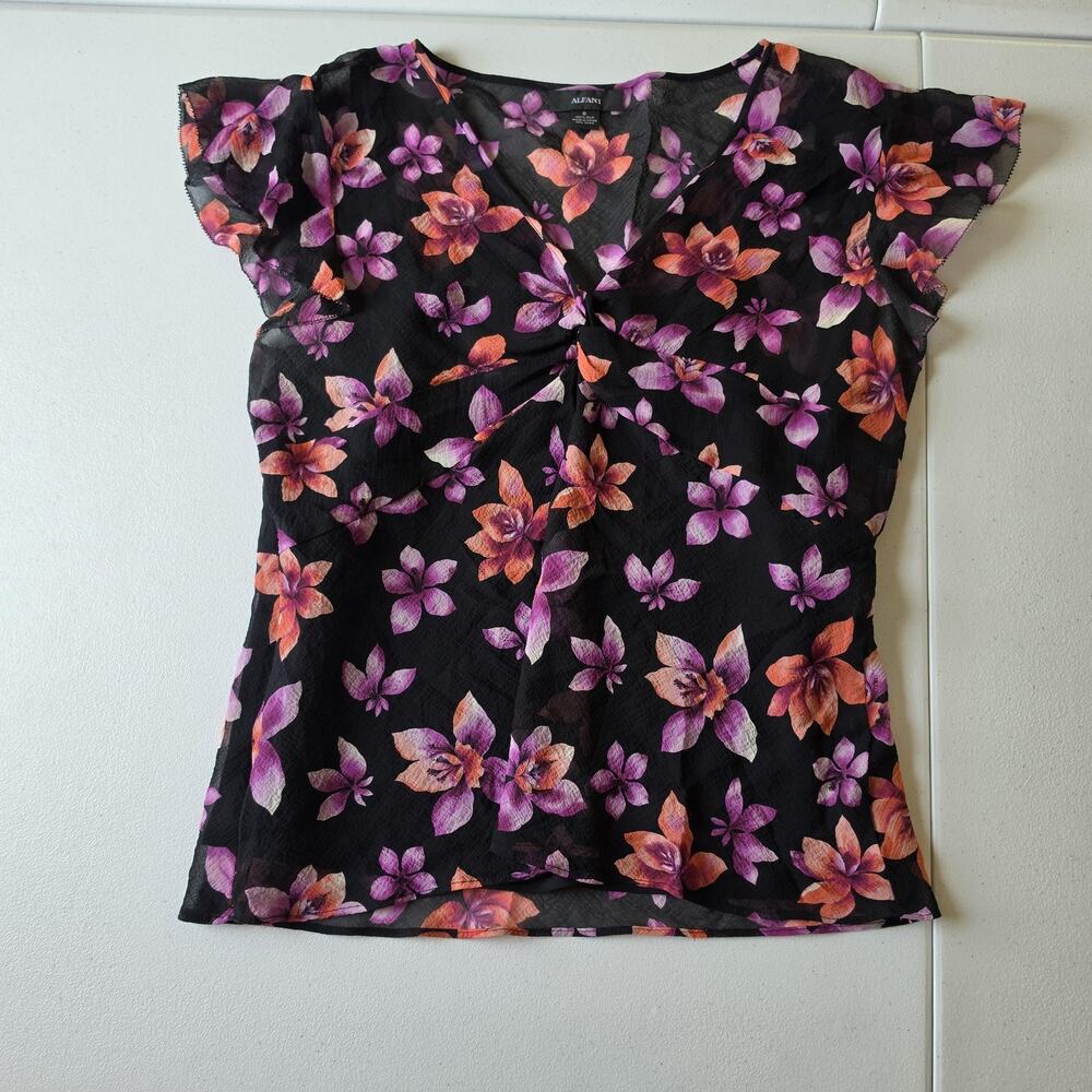90s Y2K Babydoll Top Size 6 Black Silk Floral V Neck Flutter Sleeve Sheer Top